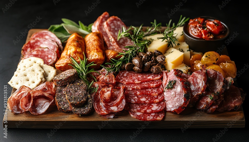 Charcuterie board with assorted meats, dark background, cozy atmosphere Charcuterie board with assorted meats, dark background, cozy atmosphere