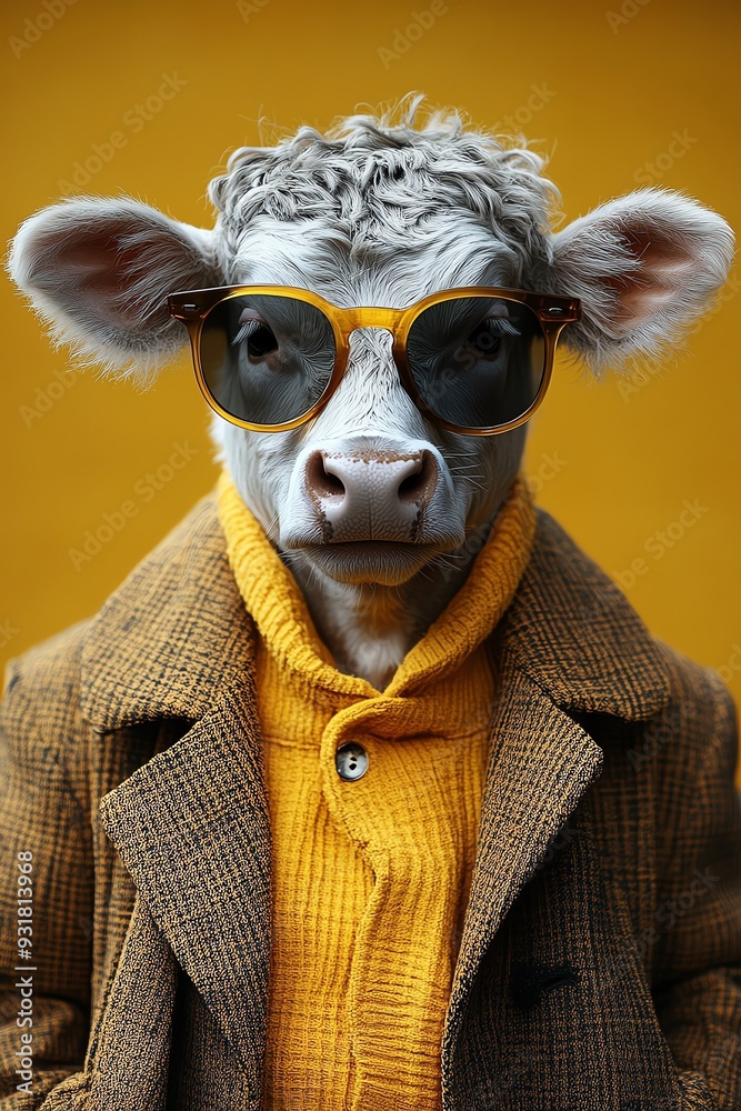 Cow in a suit and sunglasses, standing against a bright yellow background, humorous and surreal Cow in a suit and sunglasses, standing against a bright yellow background, humorous and surreal