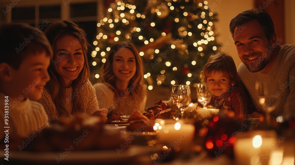 Multiple generations of a family gather for a festive holiday dinner, with a beautifully set table and an atmosphere filled with love, warmth, and togetherness. Multiple generations of a family gather for a festive holiday dinner, with a beautifully set table and an atmosphere filled with love, warmth, and togetherness.