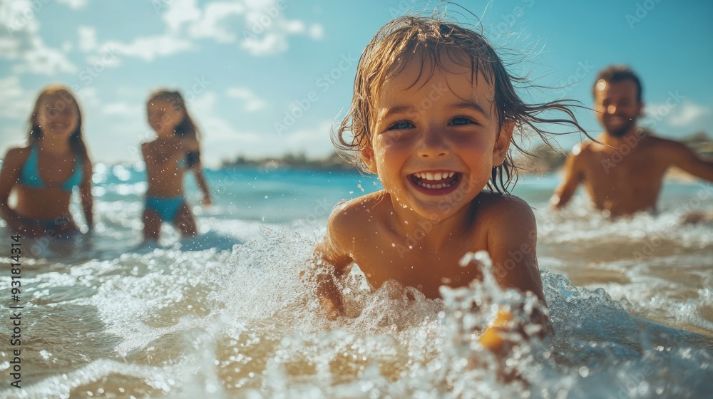 Children splashing and playing in the waves, parents watching with smiles. Children splashing and playing in the waves, parents watching with smiles.