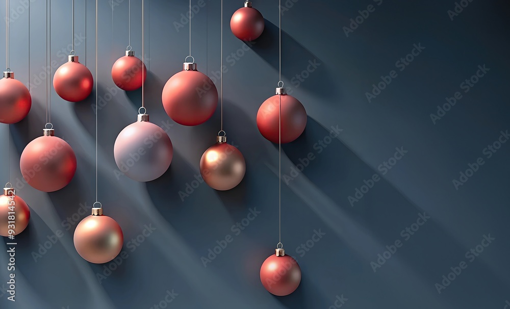 Red matte Christmas tree balls on a simple dark blue background. Vibrant colors of Christmas toys are orange and purple. Close-up background of many beautiful glass balls. Banner with copy space Red matte Christmas tree balls on a simple dark blue background. Vibrant colors of Christmas toys are orange and purple. Close-up background of many beautiful glass balls. Banner with copy space