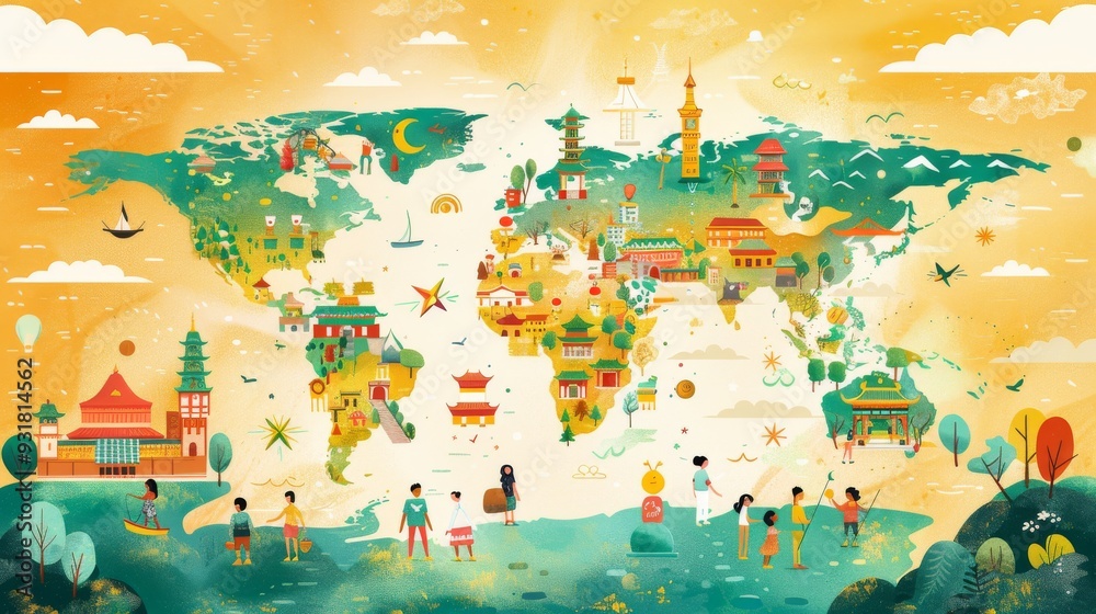 Fototapeta premium A cartoon-style world map with people from different countries celebrating New Year Day in their traditional ways cartoon Vector Illustration