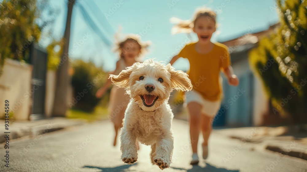 Children laughing as they chase their playful puppy down a sunny street. Children laughing as they chase their playful puppy down a sunny street.