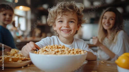 Children pouring cereal while parents make coffee, a busy but joyful morning.