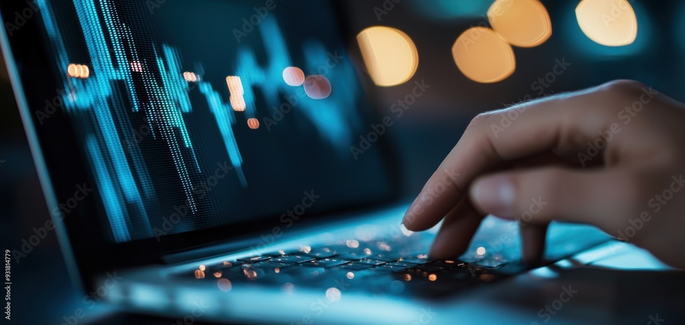 A close-up view of a hand interacting with a laptop, showcasing a vibrant interface for data analysis and technology. A close-up view of a hand interacting with a laptop, showcasing a vibrant interface for data analysis and technology.