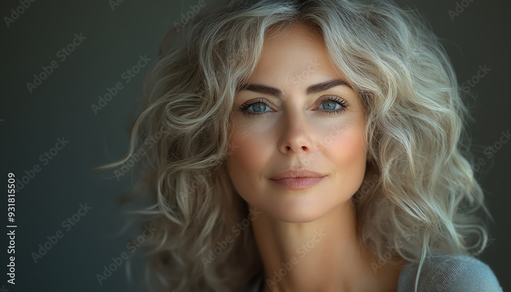 Mature woman with curly blonde hair, soft lighting, neutral background, centered closeup portrait Mature woman with curly blonde hair, soft lighting, neutral background, centered closeup portrait