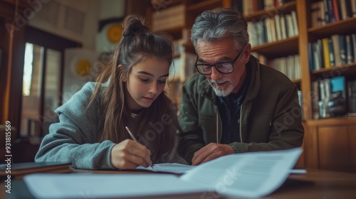 A teenage student receiving guidance from a parent on a college application essay. photo