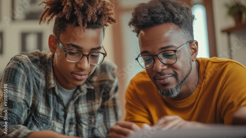 A teenage student receiving guidance from a parent on a college application essay. photo