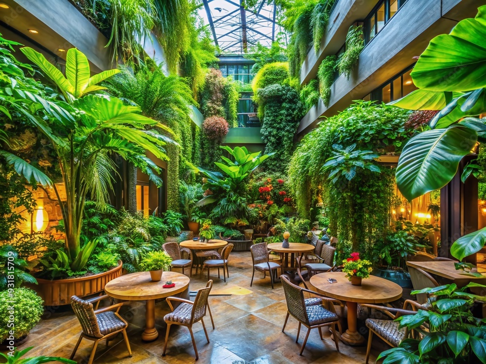 Obraz premium Biophilic Oasis: Vibrant foliage, lush greenery, serene atmosphere, calming, botanical