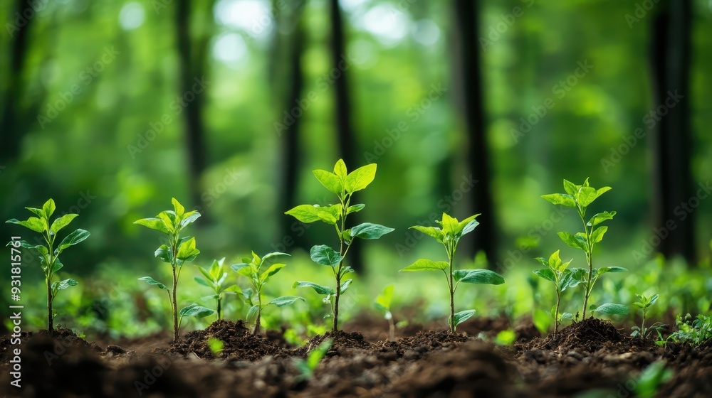 Young green seedlings in a lush forest, symbolizing new life, growth, and environmental sustainability during springtime.