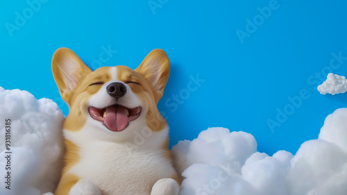 Happy Corgi Relaxing Among Fluffy Clouds photo