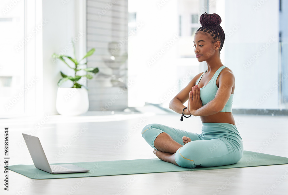 Laptop, yoga class and woman in wellness studio with elearning for meditation certificate for health. Digital, seminar and zen balance on gym mat with website and namaste for online and virtual class Laptop, yoga class and woman in wellness studio with elearning for meditation certificate for health. Digital, seminar and zen balance on gym mat with website and namaste for online and virtual class