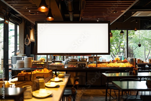 A blank white advertising sign hangs above a buffet table in a modern restaurant.  The table has a variety of food items. The restaurant has large windows with a view of trees and foliage outside.