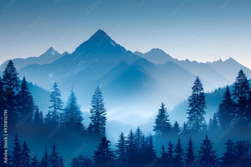 Obraz premium Serene Blue Mountain Landscape with Majestic Peaks and Lush Forests