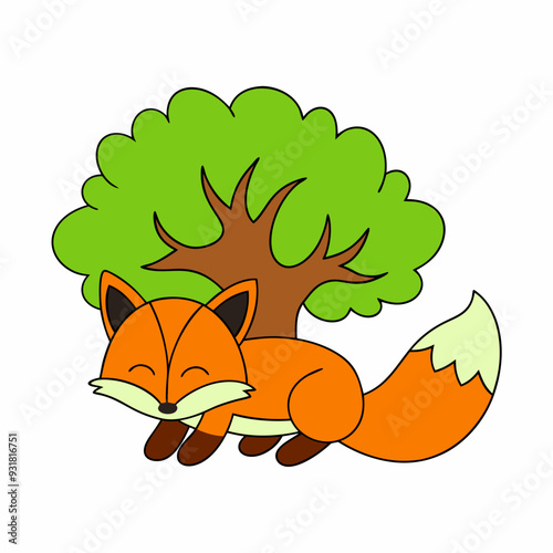 A Fox napping under a shady tree vector illustration