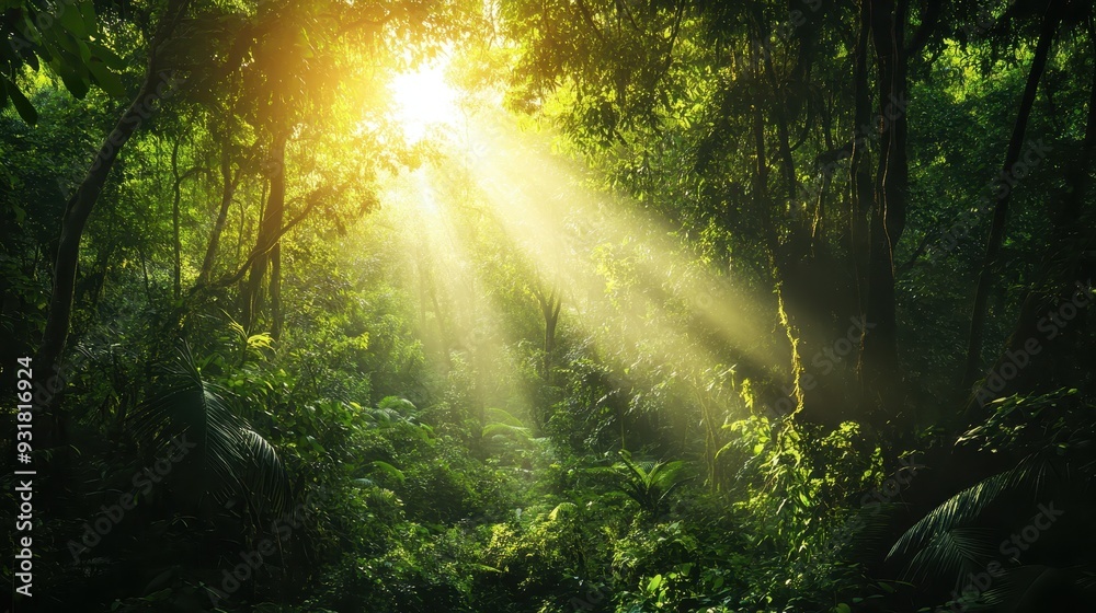 Fototapeta premium Sunlight streams through lush, dense forest foliage, creating a serene and magical atmosphere in this vibrant, green jungle landscape.