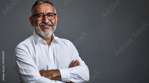 Smiling confident latin hispanic mature business man standing crossed arms isolated on grey background Older senior businessman professional ceo coach leader looking at camera Banner c : Generative AI