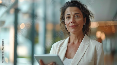 Latin Hispanic mature adult professional business woman looking at online trade app European businesswoman CEO holding digital tablet using fintech tab application standing at workplac : Generative AI photo