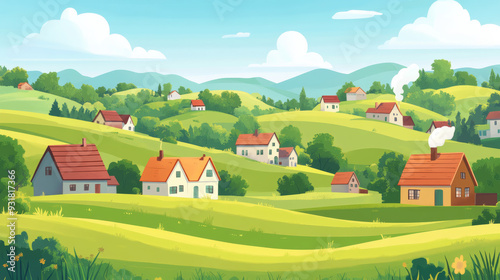 Countryside village landscape featuring rural scenery with meadow pastures and green grass field hills. Vector illustration in a flat style.