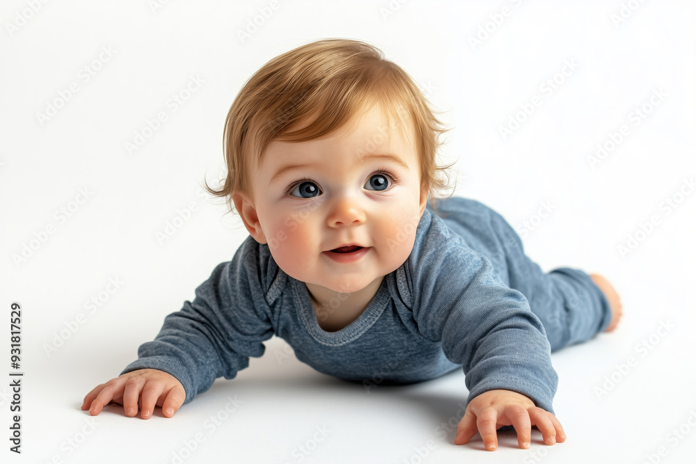 Adorable baby exploring the world while crawling on a soft white surface in a cozy indoor setting Adorable baby exploring the world while crawling on a soft white surface in a cozy indoor setting