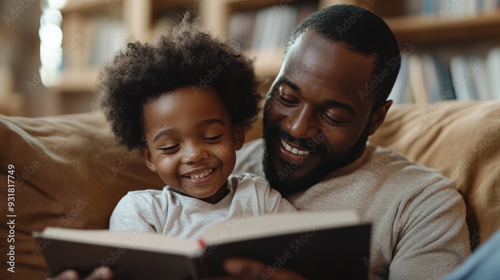 A father and son cuddling on a couch, sharing a book and laughter. A father and son cuddling on a couch, sharing a book and laughter.
