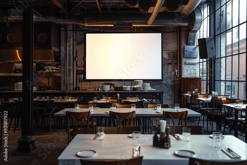 A modern restaurant with a large blank screen on the wall.  The screen is perfect for displaying a menu, specials, or a presentation. There are tables and chairs set up for dining.