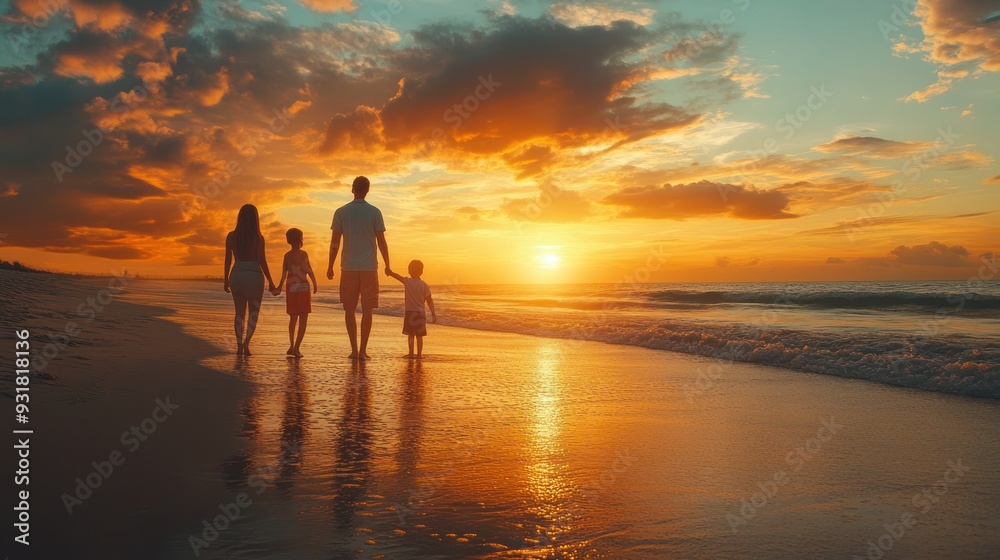 A family watching a stunning sunset on the beach, feeling grateful for the moment. A family watching a stunning sunset on the beach, feeling grateful for the moment.