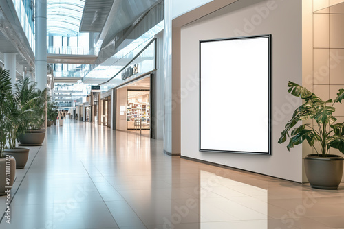 Stylish shopping mall interior showcasing a blank mockup banner with plant accents and a vibrant atmosphere during daytime