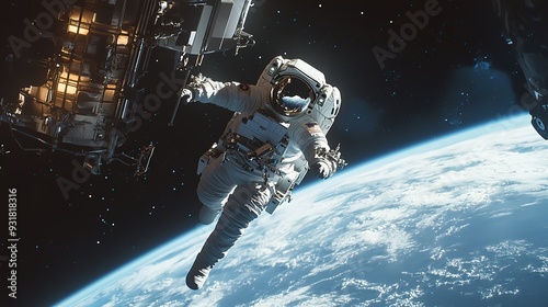 Fototapeta Naklejka Na Ścianę i Meble -  An astronaut performing a spacewalk outside a spacecraft, with the curvature of Earth and the vastness of space in the background
