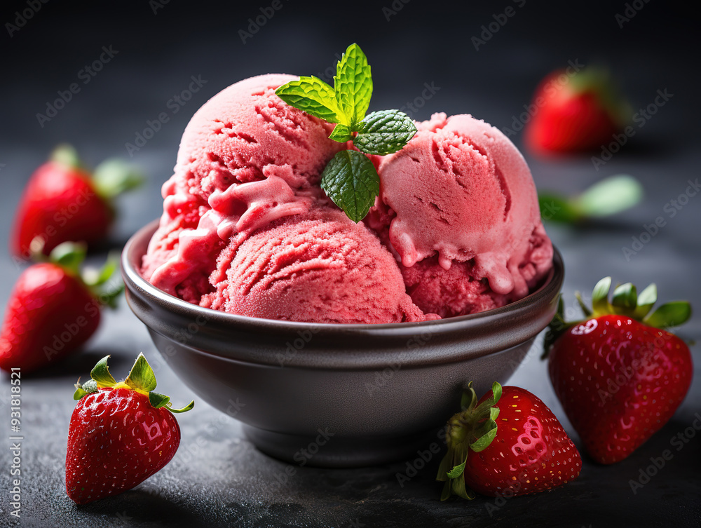 Eyecatching Strawberry ice cream scoops on red bowl on blue background