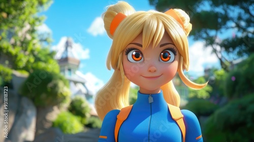 Cheerful blonde character in a blue outfit with an orange eye design photo