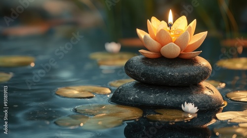 Harmony in Focus: Zen Stones, Candle, and Lotus Flower Composition