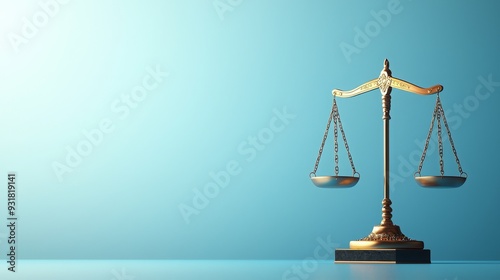 A golden scale of justice symbolizes fairness and equality against a serene blue backdrop, perfect for legal themes.