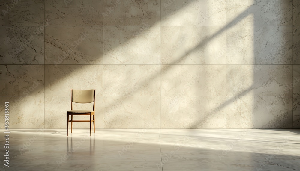 A minimalist interior featuring a lone wooden chair casting shadows on a bright, smooth floor against a textured wall. A minimalist interior featuring a lone wooden chair casting shadows on a bright, smooth floor against a textured wall.