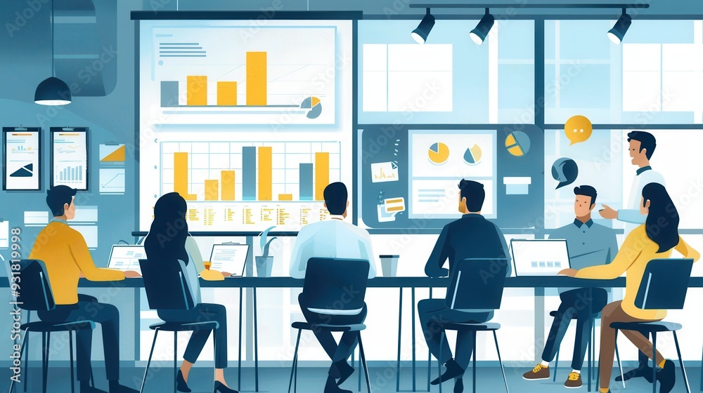 A diverse group of professionals engages in discussion while reviewing charts and graphs during a collaborative meeting in a contemporary office space. Generative AI A diverse group of professionals engages in discussion while reviewing charts and graphs during a collaborative meeting in a contemporary office space. Generative AI