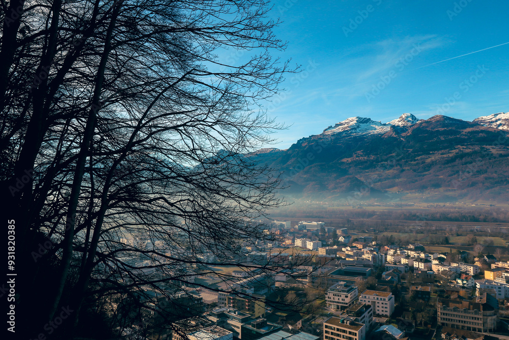 Fototapeta premium Panoramic view of Vaduz showcasing the city nestled between mountains on a clear day