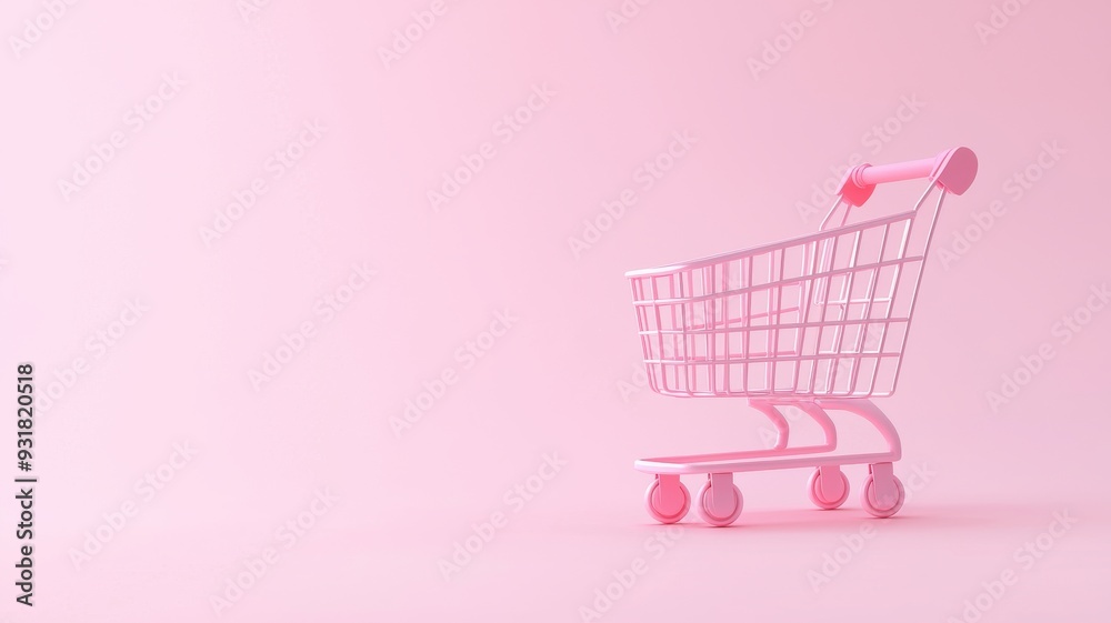 A minimalistic pink shopping cart on a soft pink background, representing retail and consumerism in a trendy aesthetic. A minimalistic pink shopping cart on a soft pink background, representing retail and consumerism in a trendy aesthetic.