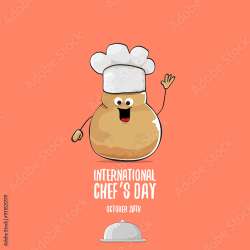 International chef day vector greeting card. vector funny cartoon tiny brown smiling chef potato with hat isolated on peach color background. Potato character