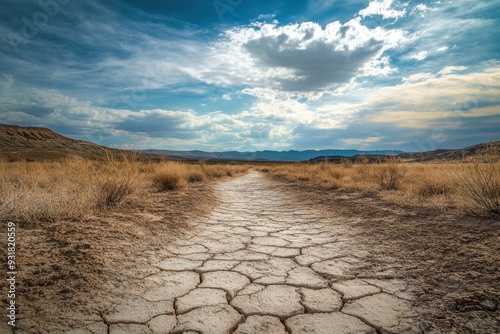 Faded, desolate trail stretches into the horizon across a parched desert landscape photo