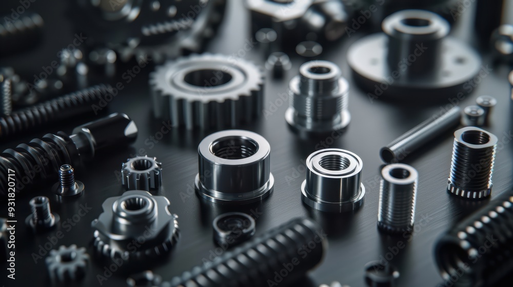 Close-up of Various Industrial Metal Components and Fasteners on a Dark Surface