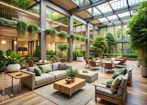 Community Oasis: Communal spaces, greenery, open layout, muted colors, natural textures