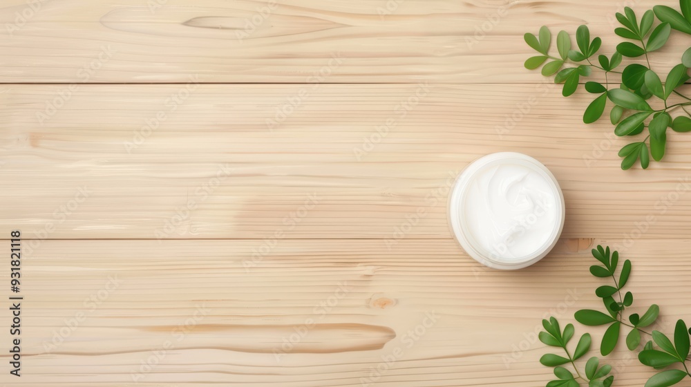 Minimalist Skincare Product on Wooden Background with Green Leaves - Natural Beauty and Wellness Concept Minimalist Skincare Product on Wooden Background with Green Leaves - Natural Beauty and Wellness Concept