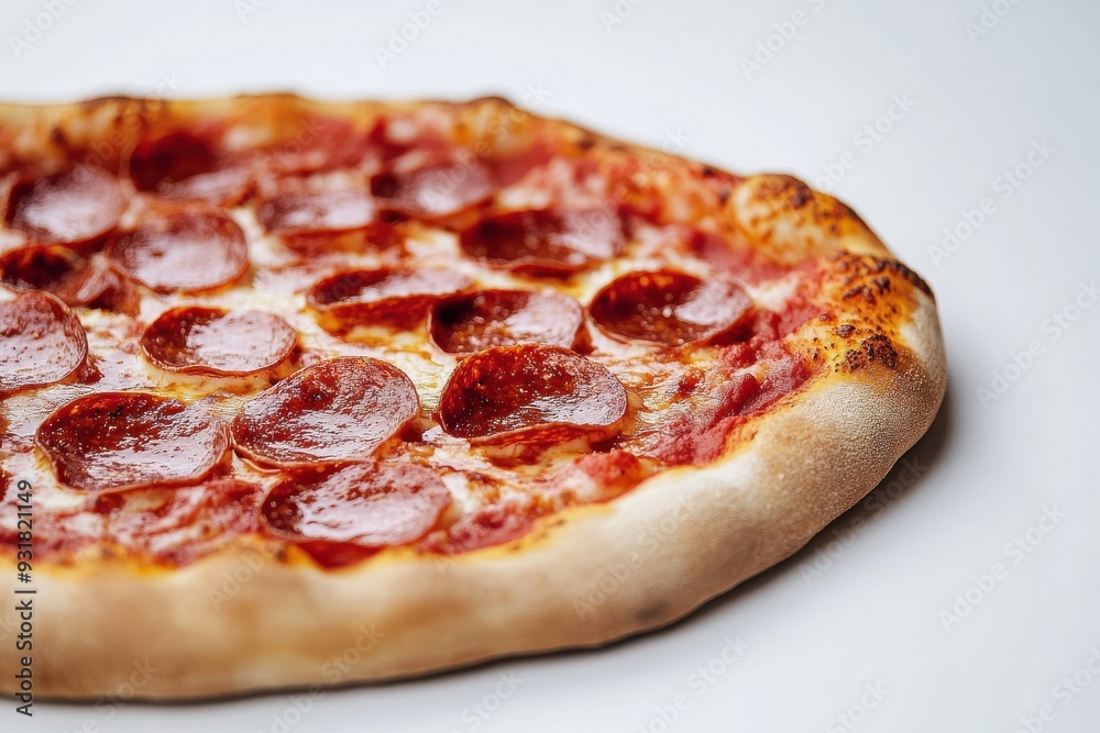 Pepperoni pie, placed on a light surface, showcasing an extensive field of focus Pepperoni pie, placed on a light surface, showcasing an extensive field of focus