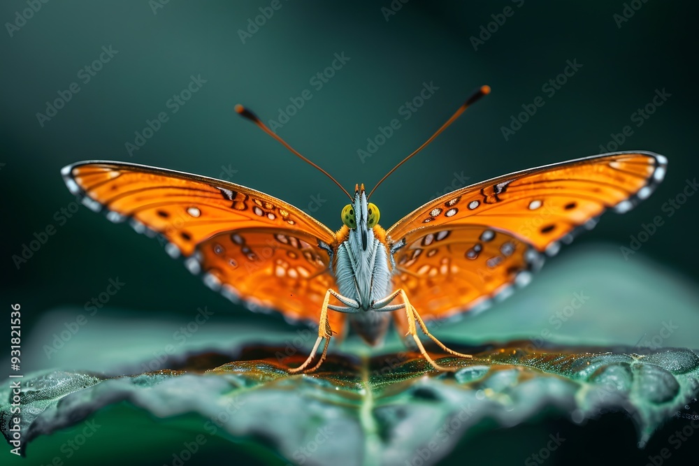 Obraz premium Stunning Close-Up of a Vibrant Orange Butterfly Resting on a Leaf