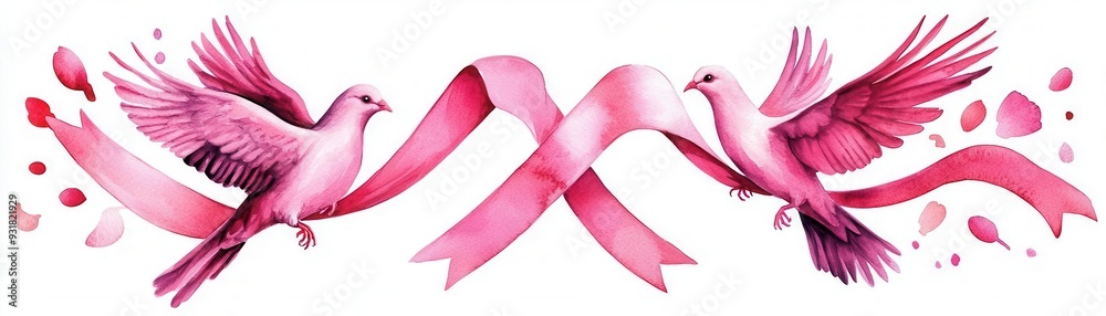 Obraz premium Pink ribbon with doves, symbol of peace and hope, gentle movement, Watercolor style