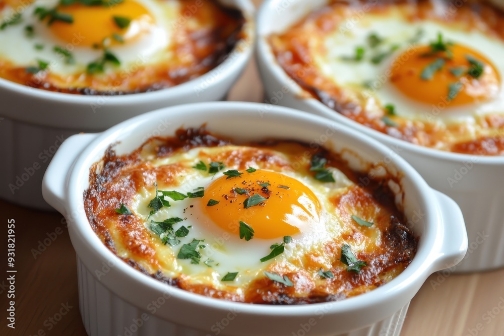 Eggs cooked in personal baking containers Eggs cooked in personal baking containers