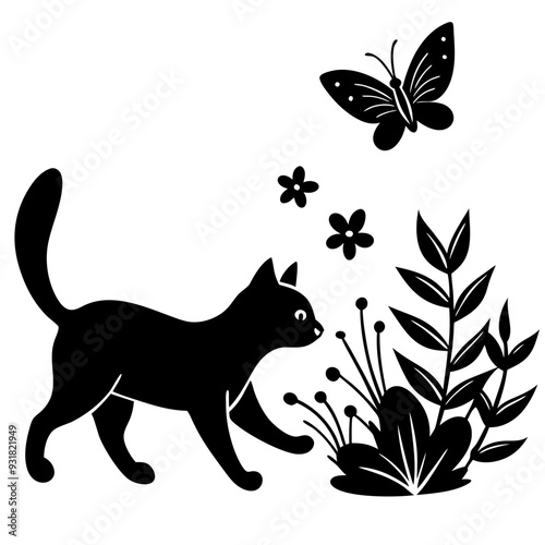  A Cat chasing a Butterfly in a vibrant garden vector illustration