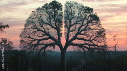 Two trees forming lungs in the forest at sunset