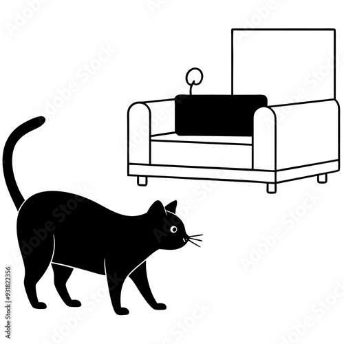 A Cat stalking a toy mouse in a modern living room illustration