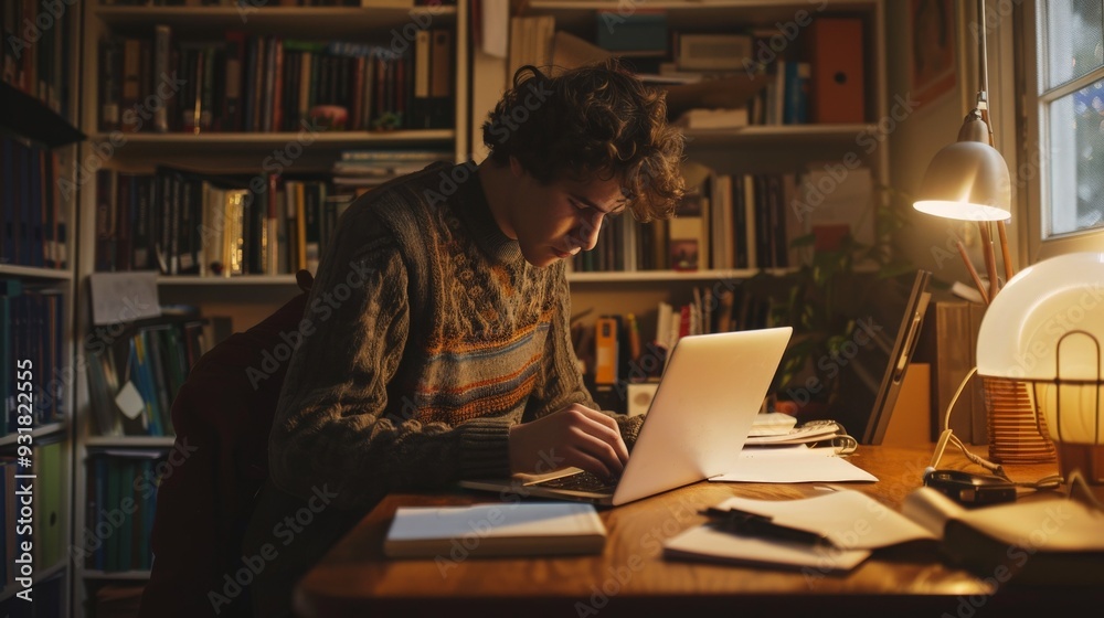 Young Man Working on Laptop at Home. Young Man Working on Laptop at Home.